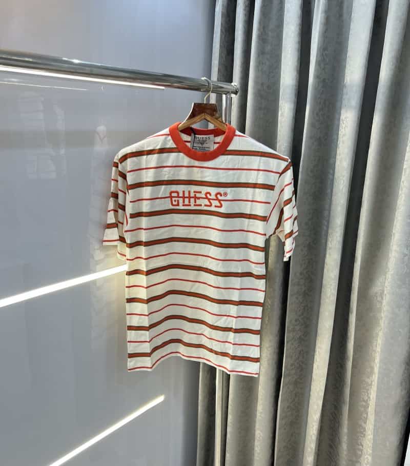 Gues s White Red Stripes Imported Oversized T-Shirt