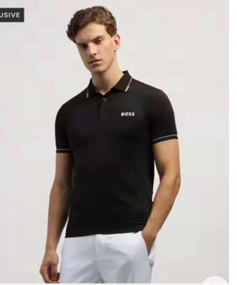 hug0 B0..5S Black Logo Print Premium Polo T-Shirt