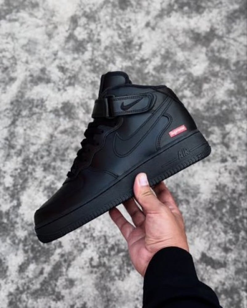 Nike Airforce 1 Supreme X Mid Leather ALL BLACK 1st Leather