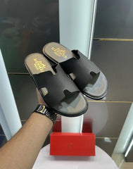 Herms_Grey Leather Slide For Men