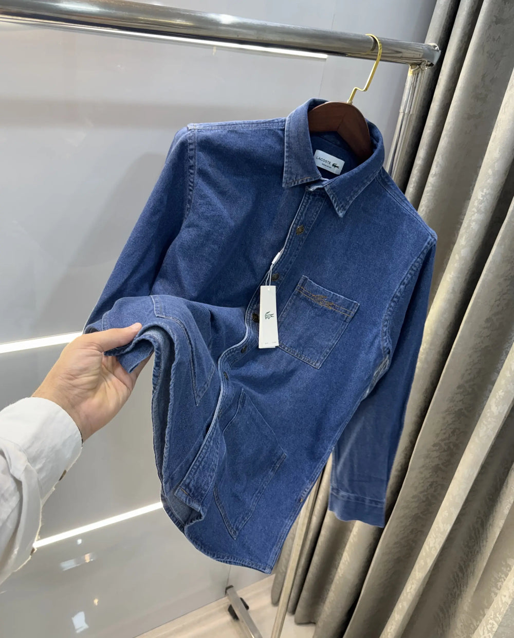 Lacost e Dark Blue 2 Embroidery Logo Premium Denim Shirt