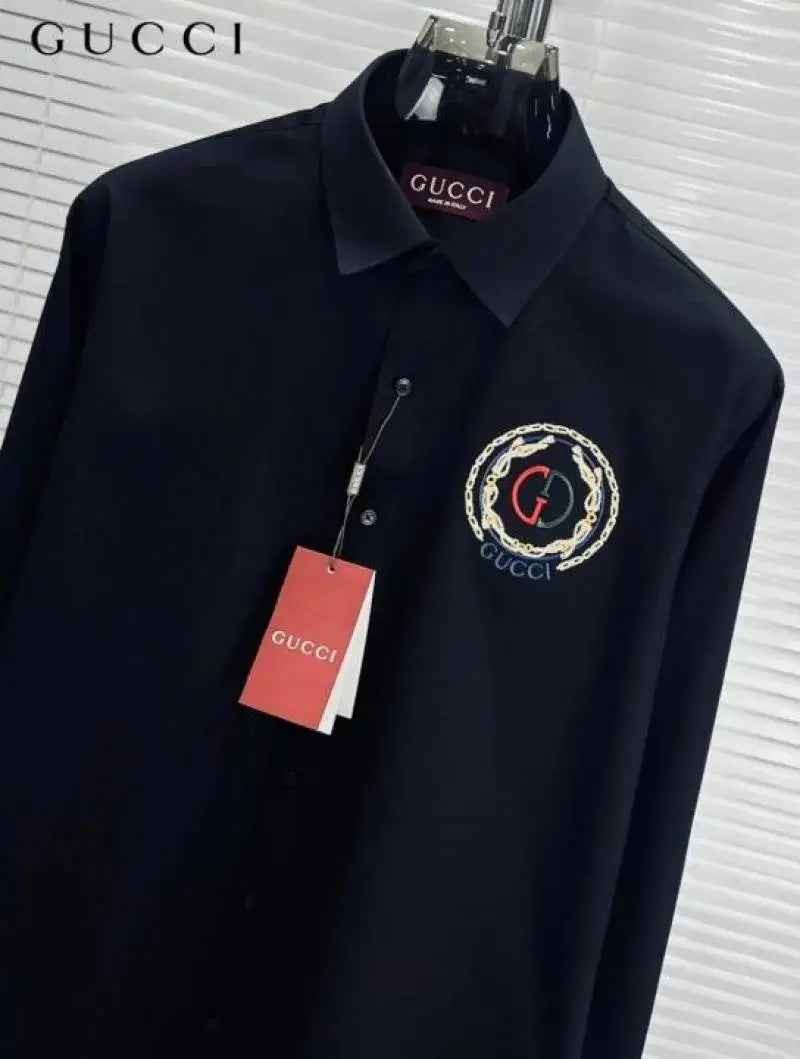 Gucc_i GG Embroidered Black Imported Very Premium Cotton Partywear Shirt With Og Box! And Bag (DN 516)
