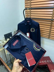 Gucc_i GG Embroidered Navy Blue Imported Very Premium Cotton Partywear Shirt With Og Bo-x And Bag (DN 516)