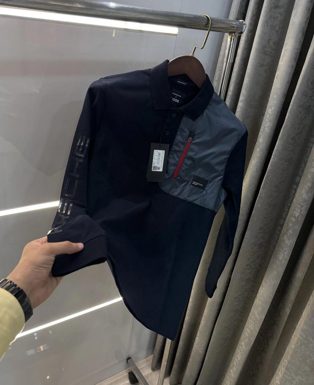 Hugo Boss Porsche Navy Blue Red Logo Work Premium Full Sleeve Polo T-Shirt
