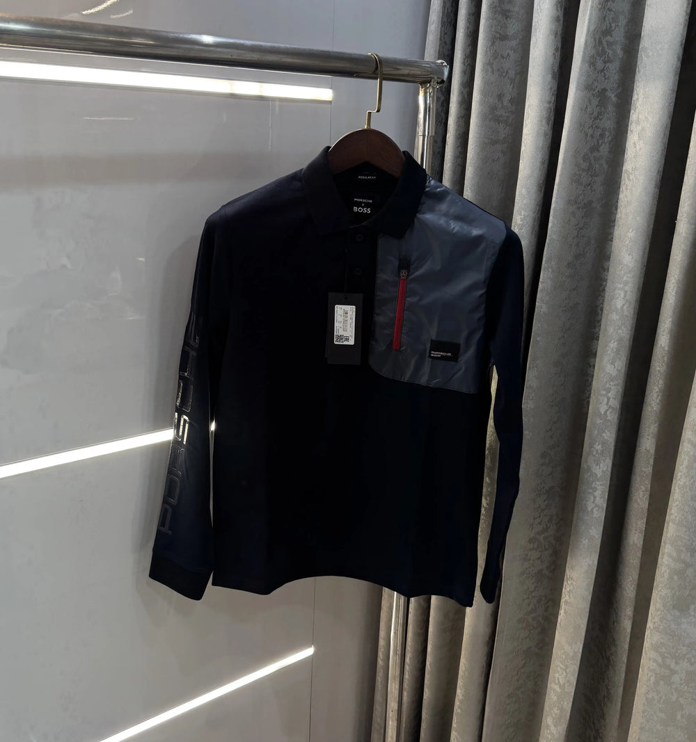 Hugo Boss Porsche Navy Blue Red Logo Work Premium Full Sleeve Polo T-Shirt