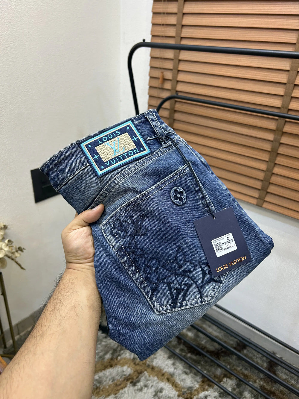 Louis Vuitto_n Back Side Pocket Monogram Embossed Imported Boot Cut Denim Dark Blue (DN 643)