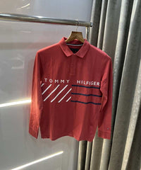Tomm y Hilfiger Red Logo Print Premium Full Sleeve Polo T-Shirt