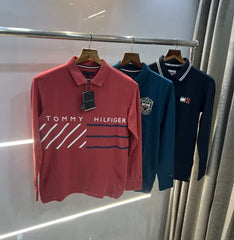 Tomm y Hilfiger Red Logo Print Premium Full Sleeve Polo T-Shirt