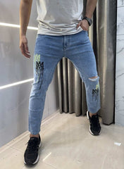 Amir i Sky Blue Printed Open Ripped Imported Denim
