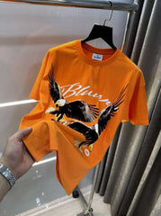 Bluoran g Orange Eagle EmBo...Ssed Print Imported Oversized T-Shirt