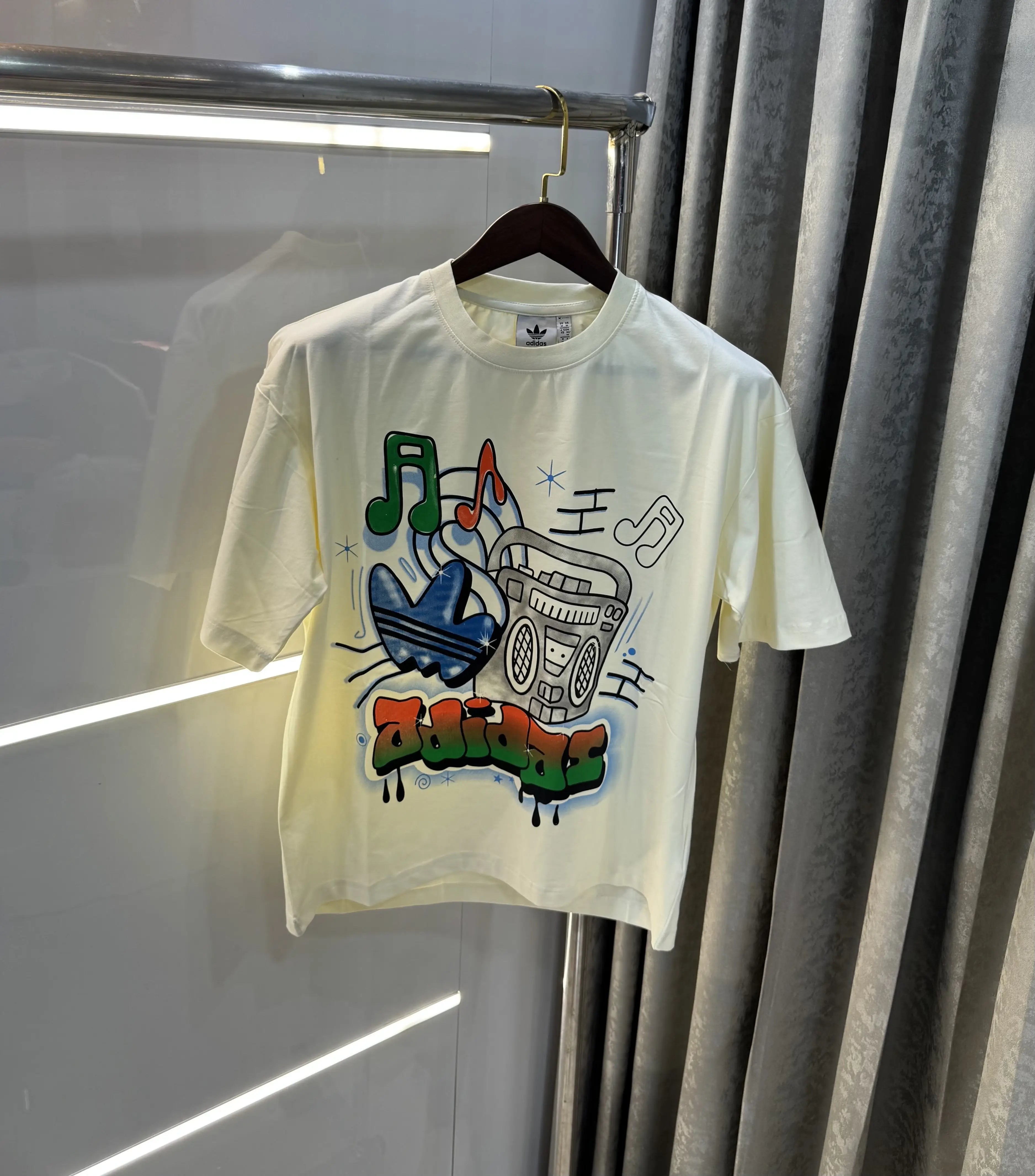 Adidas Cream Logo Print Imported Oversized T-Shirt