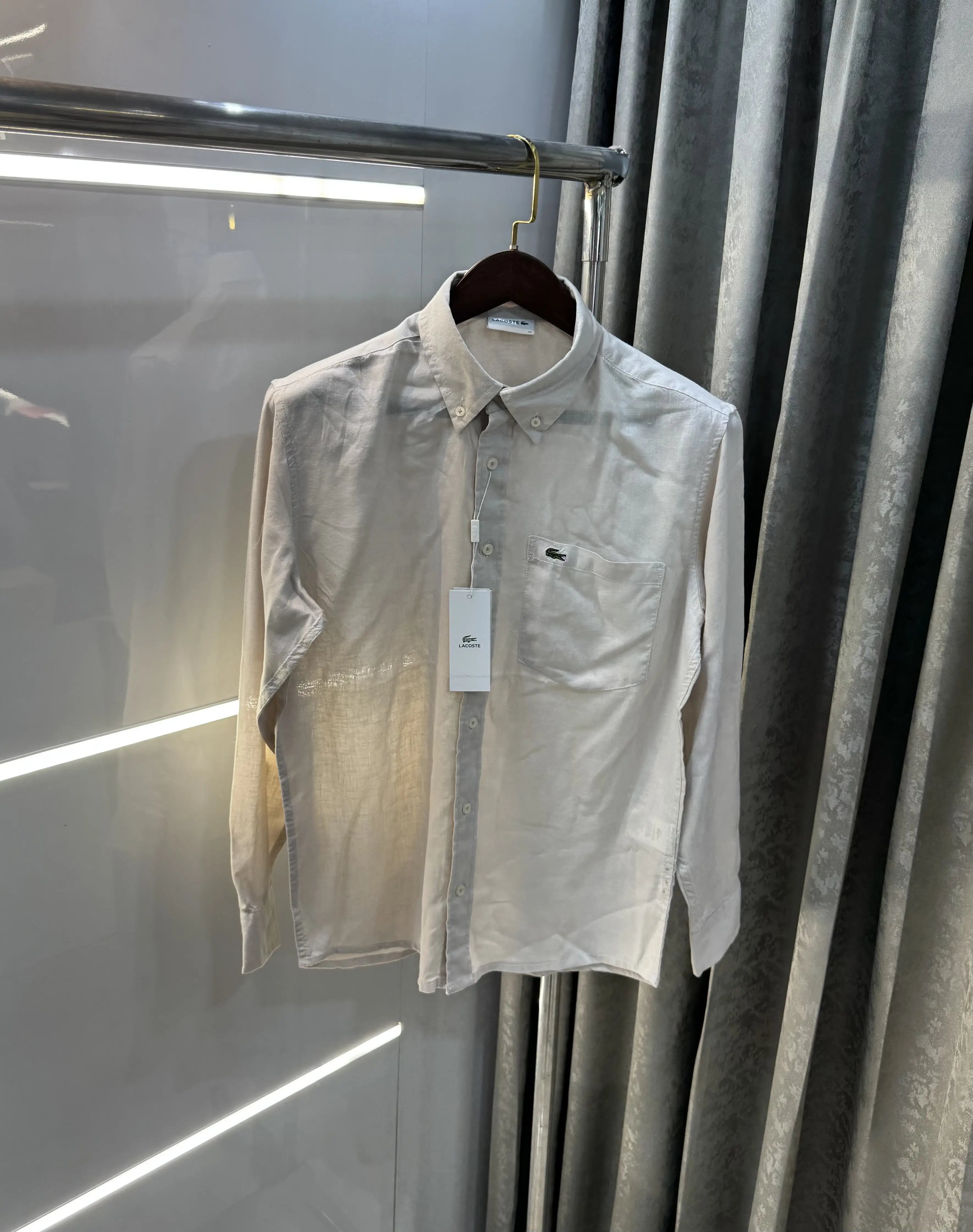 Lacoste Beige Embroidery Logo Premium Linen Shirt