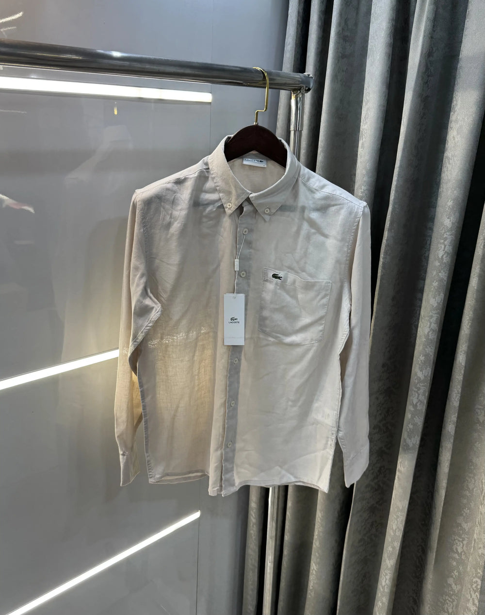 Lacoste Beige Embroidery Logo Premium Linen Shirt