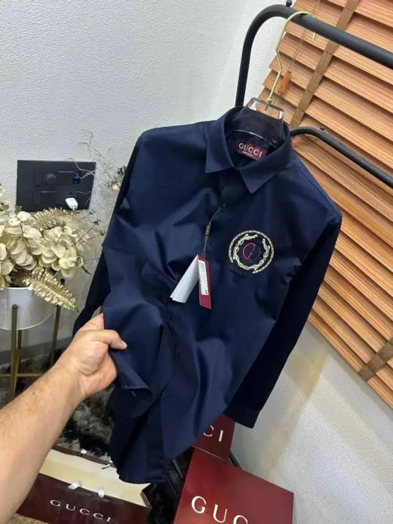 Gucc_i GG Embroidered Navy Blue Imported Very Premium Cotton Partywear Shirt With Og Bo-x And Bag (DN 516)