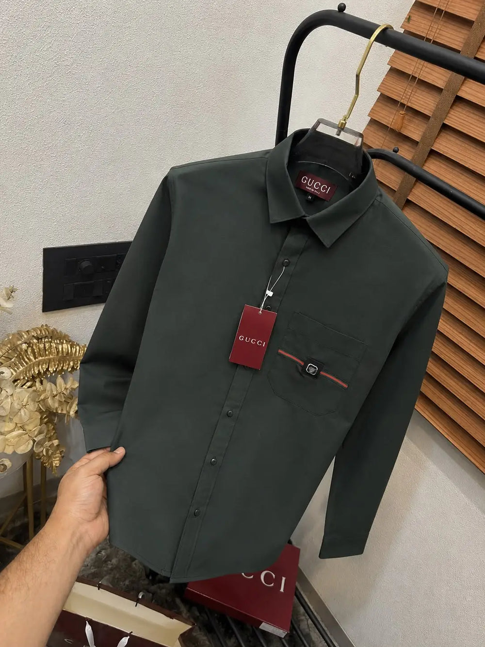 Gucc_i Pocket Signature Patched Imported Partywear Shirt With Og BoX & Bag (DN 502)
