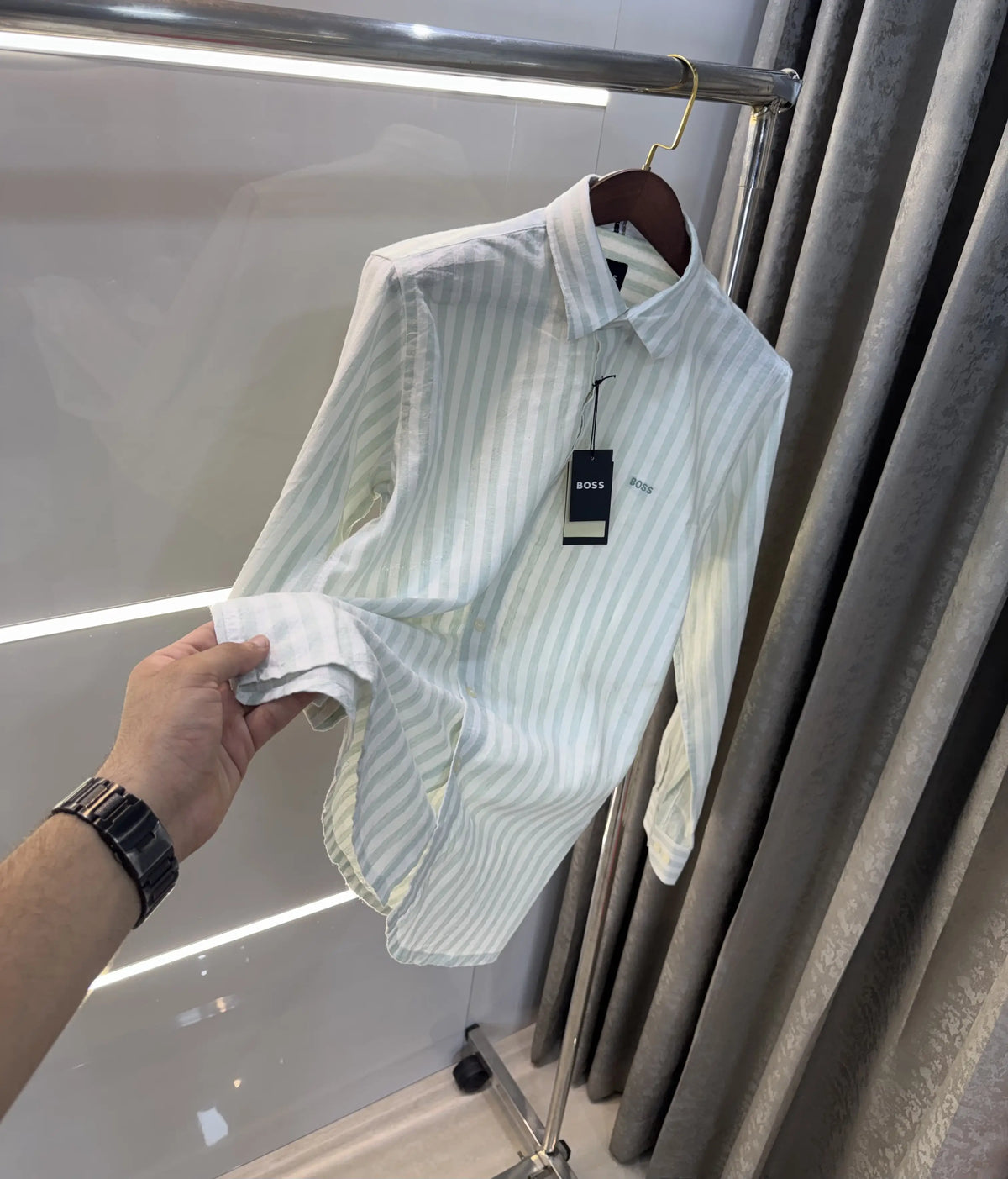 Hugo Boss Green linen Stripes Premium Shirt