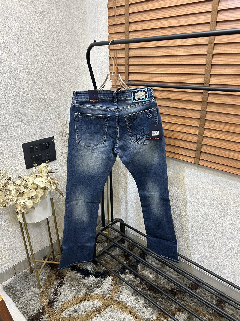 Louis Vuitto_n Back Side Pocket Monogram Embossed Imported Boot Cut Denim Dark Blue (DN 643)