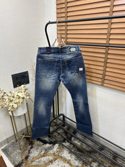 Louis Vuitto_n Back Side Pocket Monogram Embossed Imported Boot Cut Denim Dark Blue (DN 643)