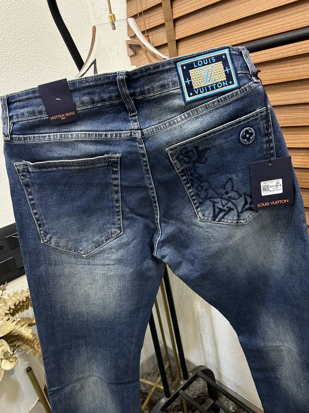 Louis Vuitto_n Back Side Pocket Monogram Embossed Imported Boot Cut Denim Dark Blue (DN 643)