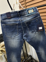 Louis Vuitto_n Back Side Pocket Monogram Embossed Imported Boot Cut Denim Dark Blue (DN 643)