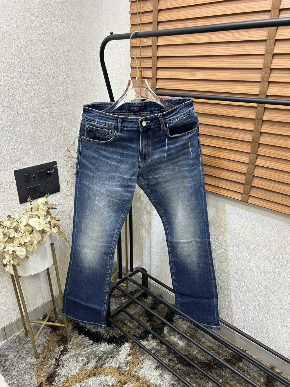 Louis Vuitto_n Back Side Pocket Monogram Embossed Imported Boot Cut Denim Dark Blue (DN 643)