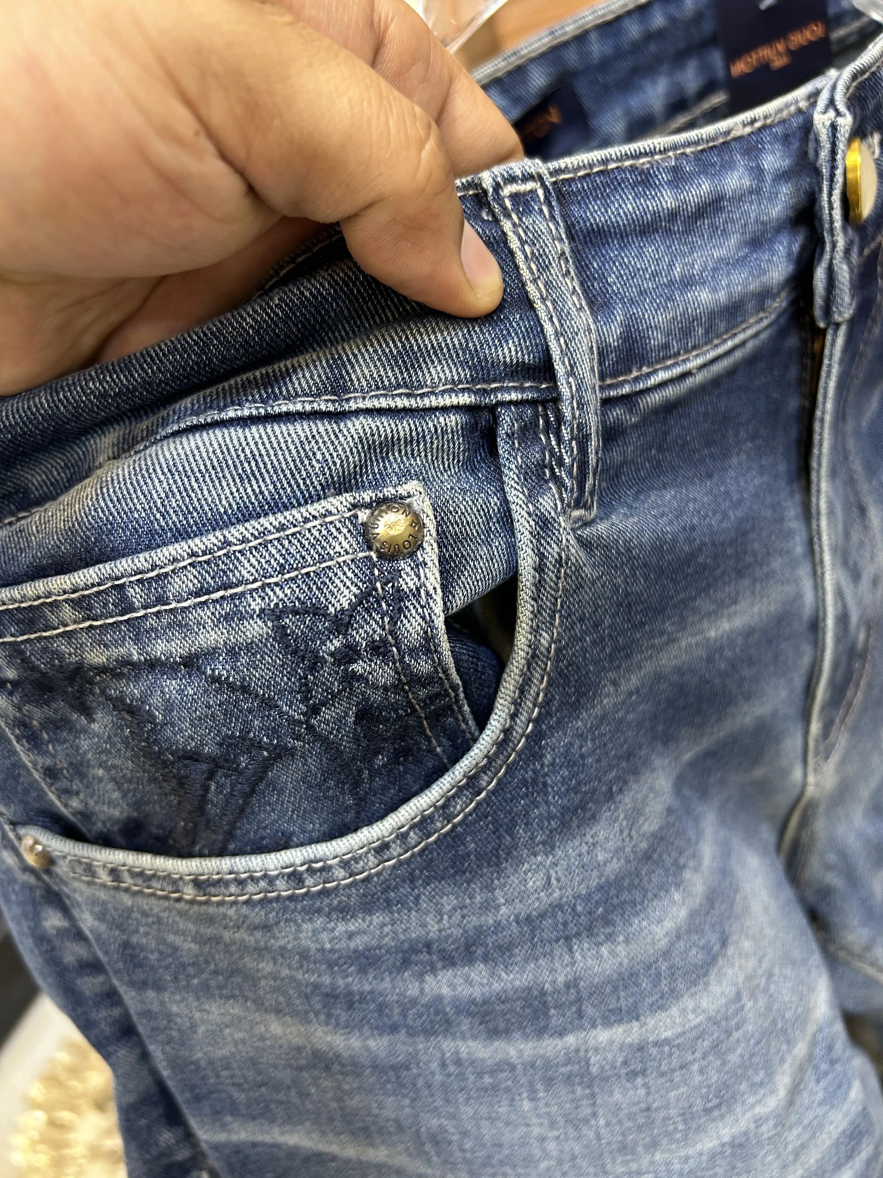 Louis Vuitto_n Back Side Pocket Monogram Embossed Imported Boot Cut Denim Dark Blue (DN 643)