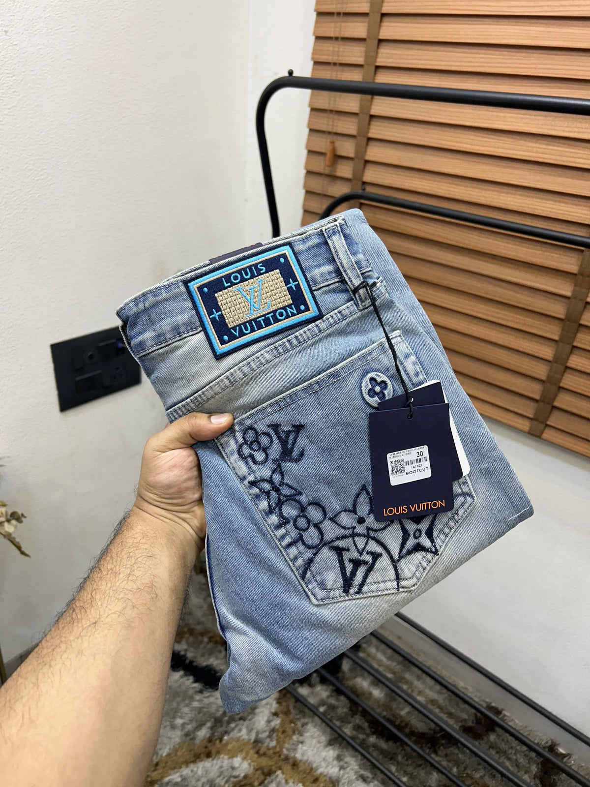 Louis Vuitto_n Back Side Pocket Monogram Embossed Imported Boot Cut Denim Light Blue (DN 643)
