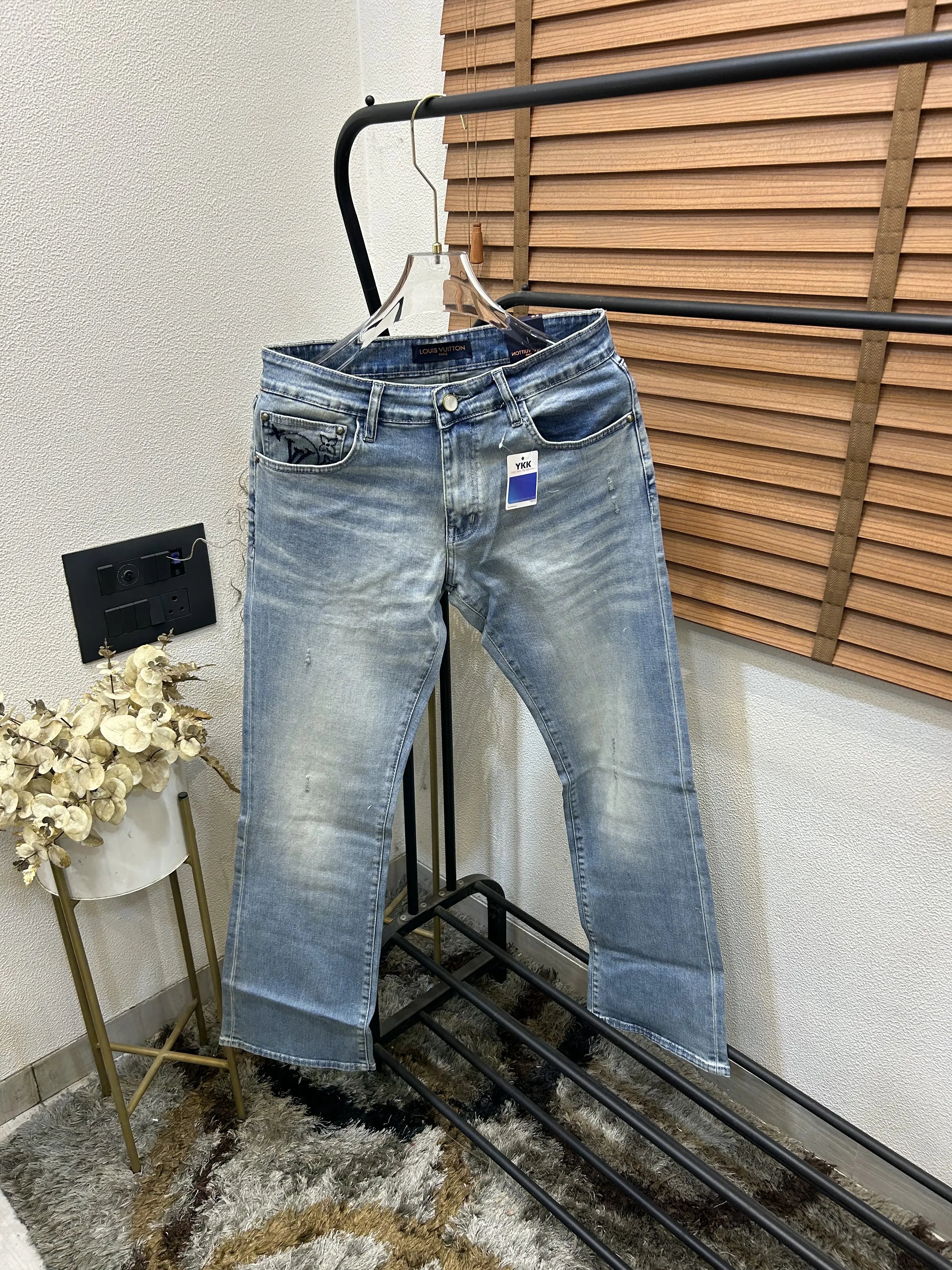 Louis Vuitto_n Back Side Pocket Monogram Embossed Imported Boot Cut Denim Light Blue (DN 643)