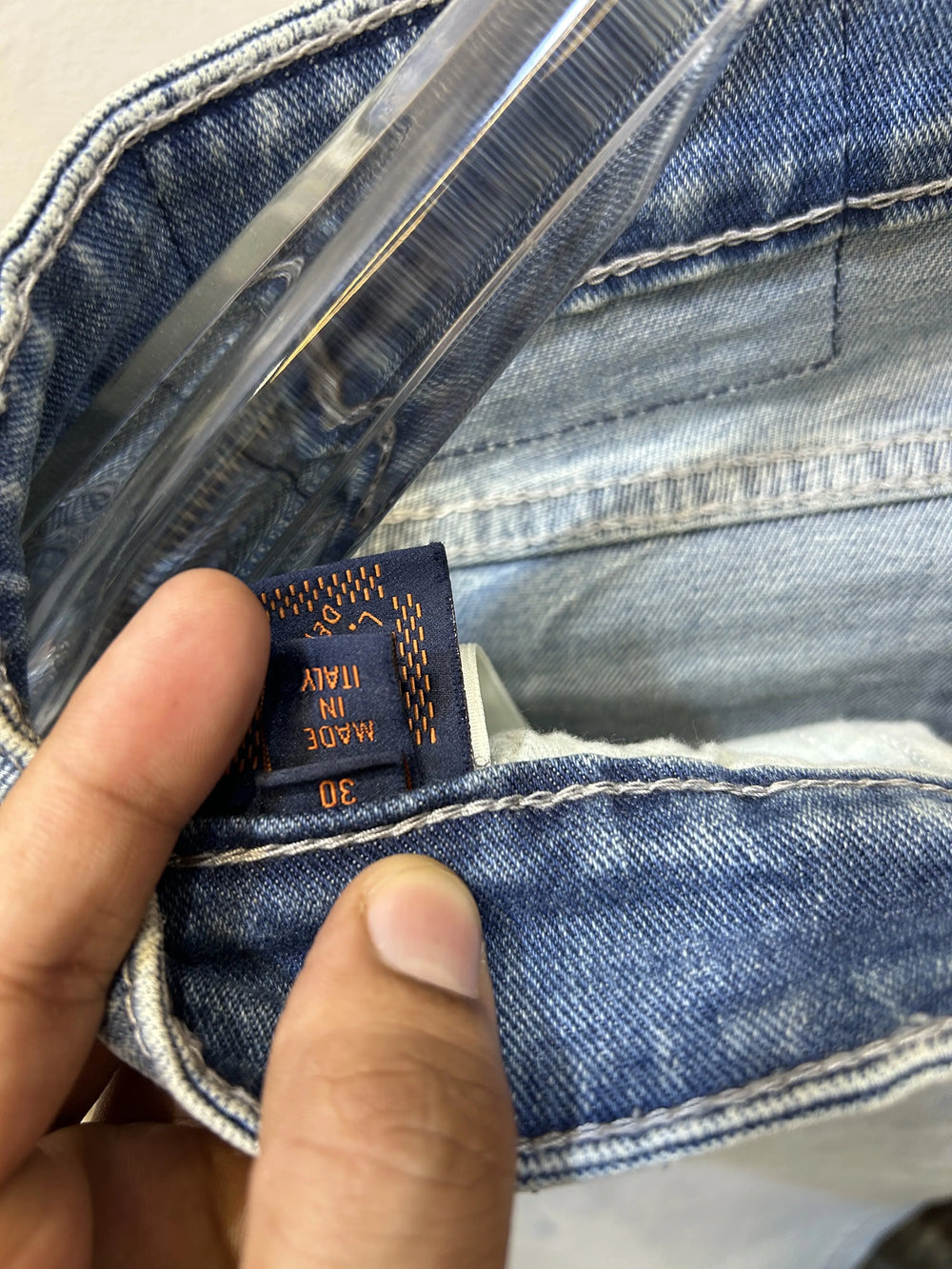 Louis Vuitto_n Back Side Pocket Monogram Embossed Imported Boot Cut Denim Light Blue (DN 643)